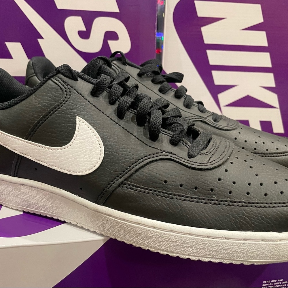 Nike Men's Black Leather Sneakers with White Swoosh courtvision
